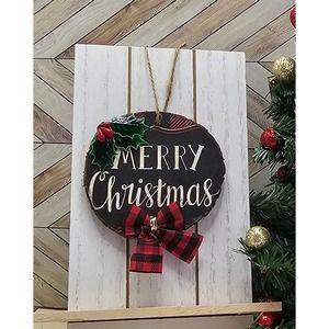 Buffalo Check Bow Merry Christmas Wooden Disk Holly Ornament/Gift Tag, 4 inch